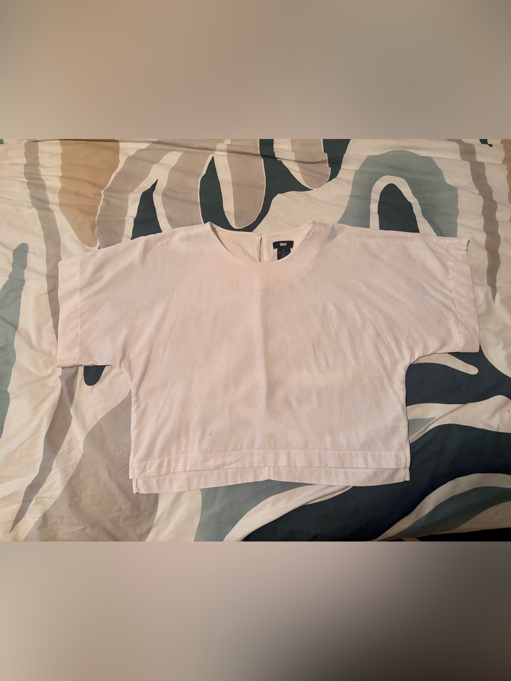 DKNY White Boxy Short Sleeve Linen Cropped Blouse